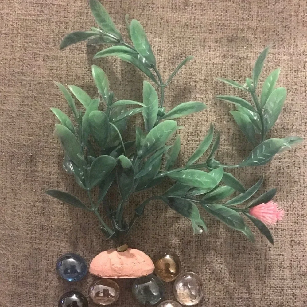 Aquarium Decor Fish Tank Ornament Green Plant Flower & Colored Marbles Pebbles